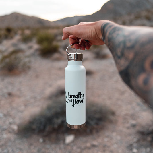 Front view of the Breathe and Flow insulated bottle with logo